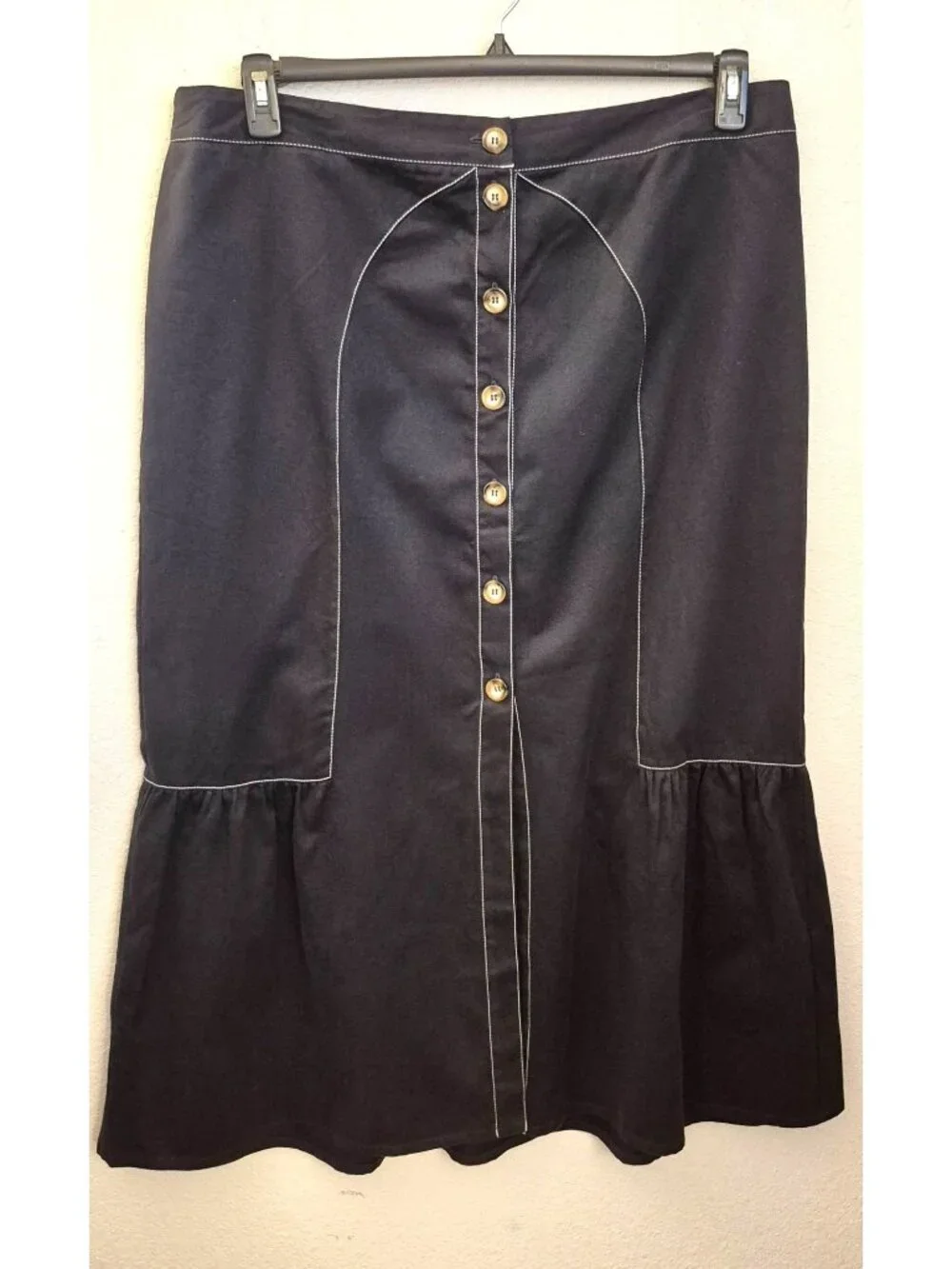 Asos 100% Cotton Black w/White Contrast Stitch Button Front Maxi Skirt Sz 16 NWT